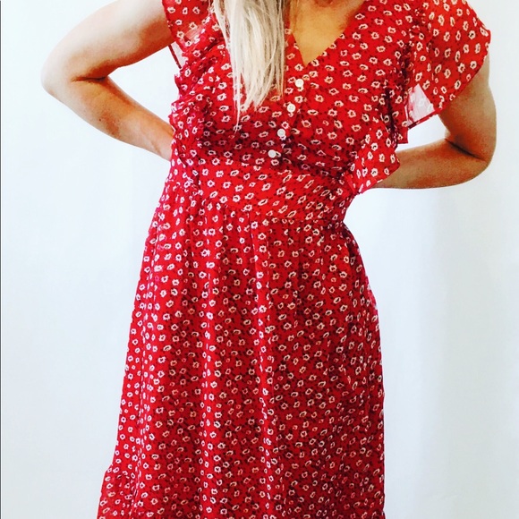 NWT THEKORNER PARIS Red Ditsy Print Long Dress - Picture 7 of 12